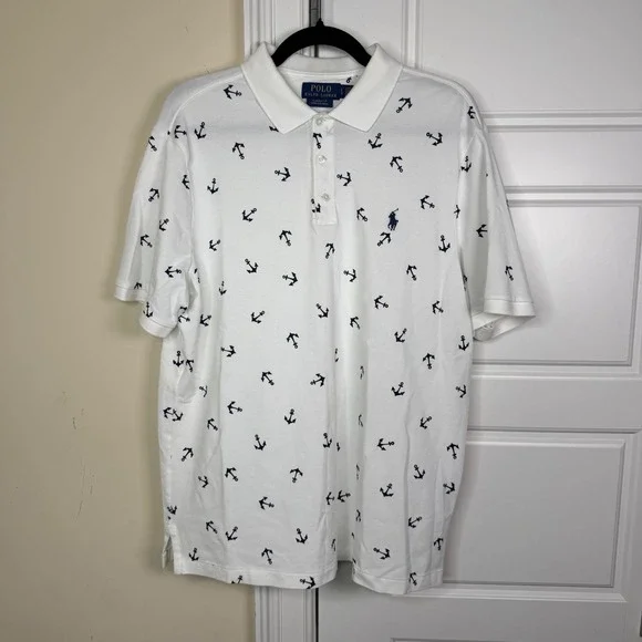 Polo Ralph Lauren Polo Shirt Mens Large White Anchor Print Classic Fit Stretch - Picture 2 of 7